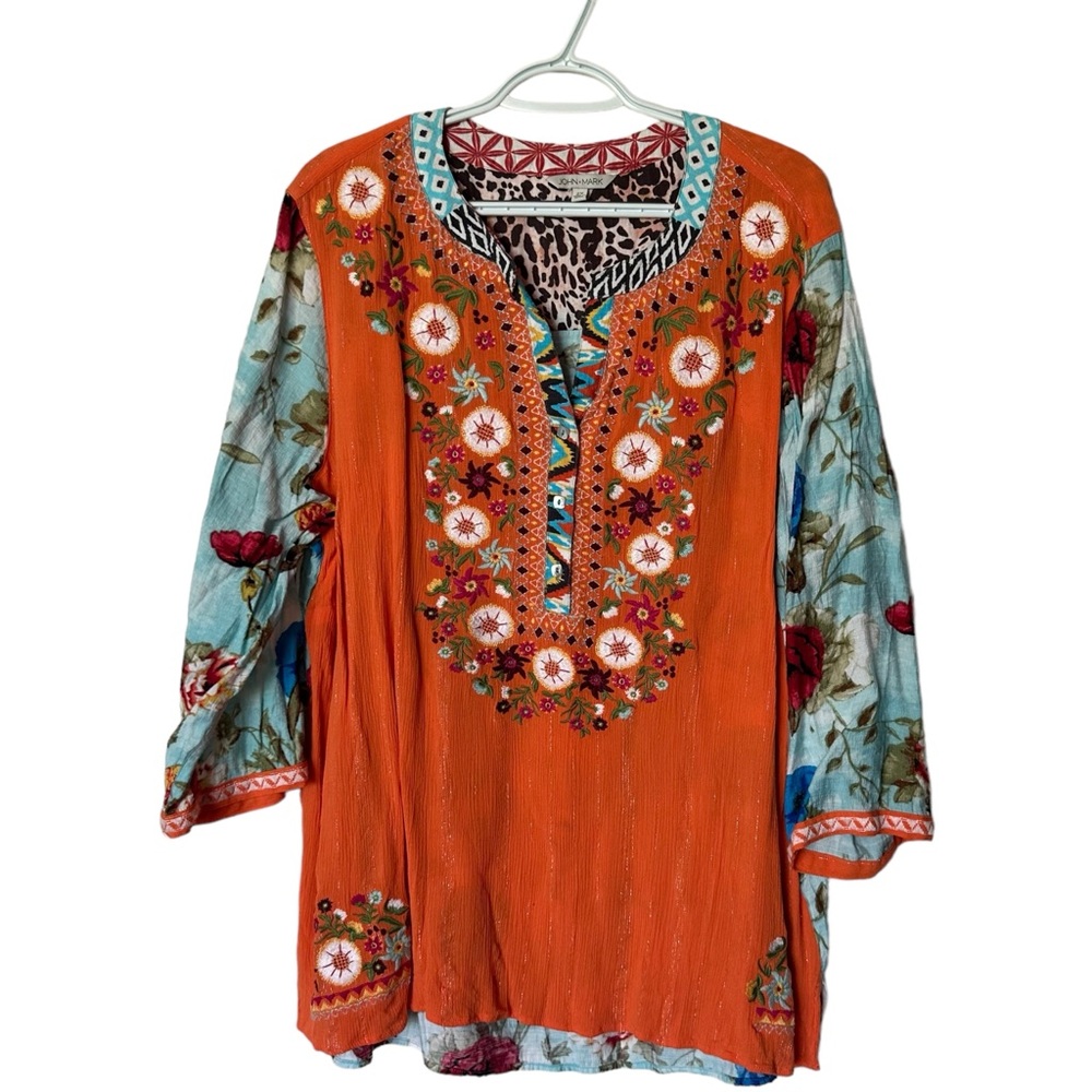 Dillards John Mark Noho Bohemian Patchwork Floral Peasant 3/4 Sleeve Top Blouse